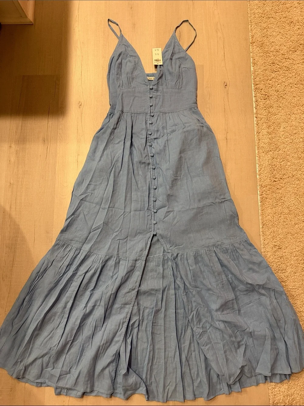 Abercrombie & Fitch Dusty Blue Tiered Button-Front Maxi Dress